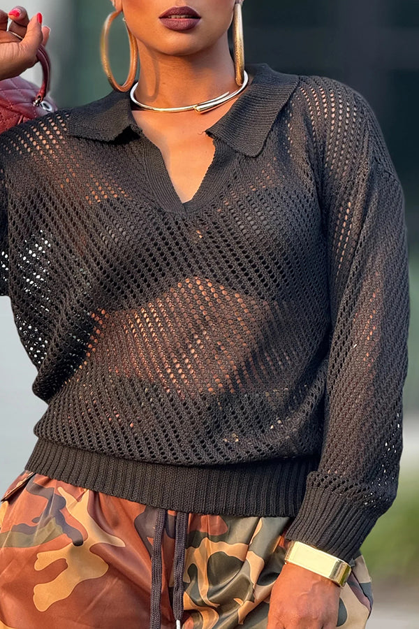 Versatile Lapel Knit Mesh Detail Top