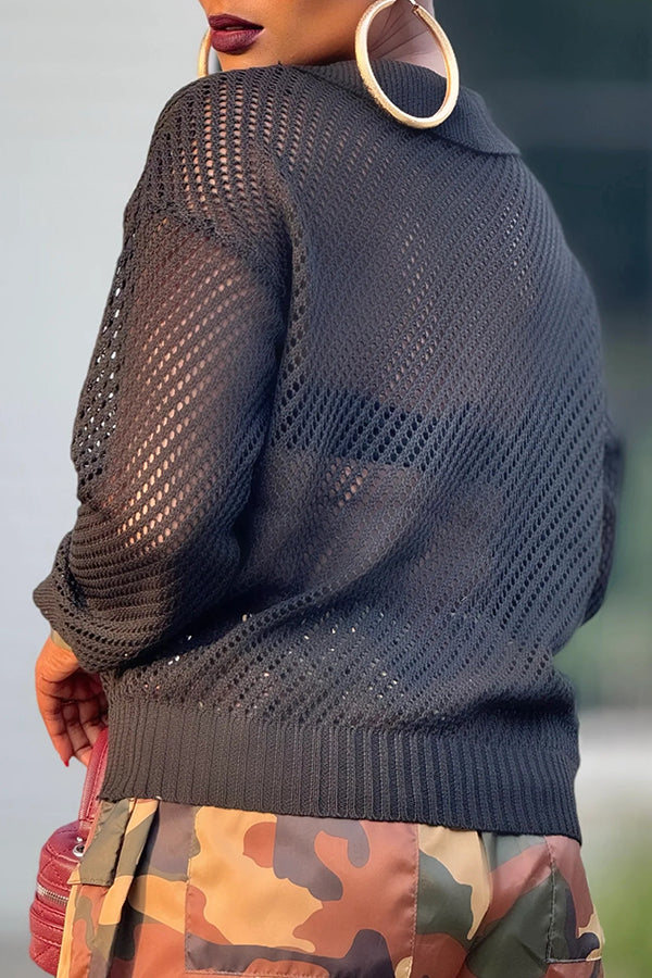 Versatile Lapel Knit Mesh Detail Top