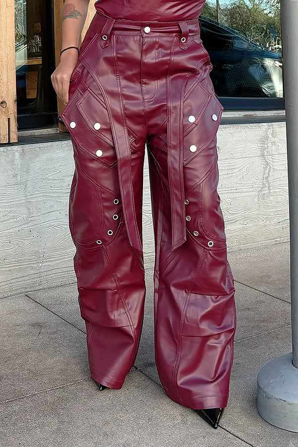 Cool Eyelet Patchwork PU Wide Leg Cargo Pants