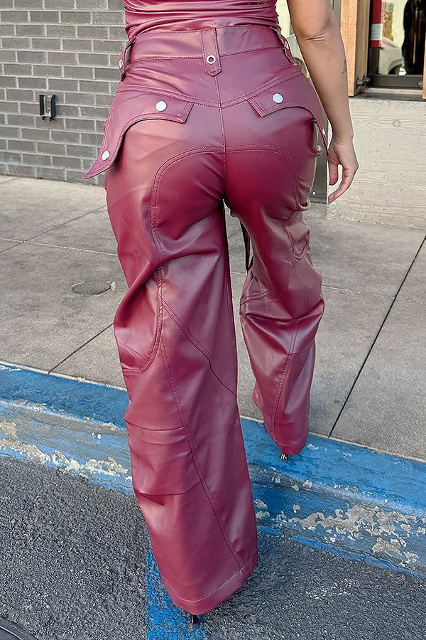 Cool Eyelet Patchwork PU Wide Leg Cargo Pants