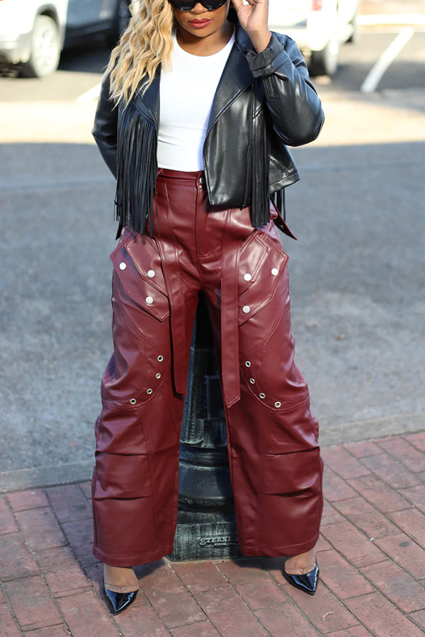 Cool Eyelet Patchwork PU Wide Leg Cargo Pants