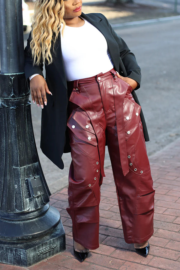 Cool Eyelet Patchwork PU Wide Leg Cargo Pants