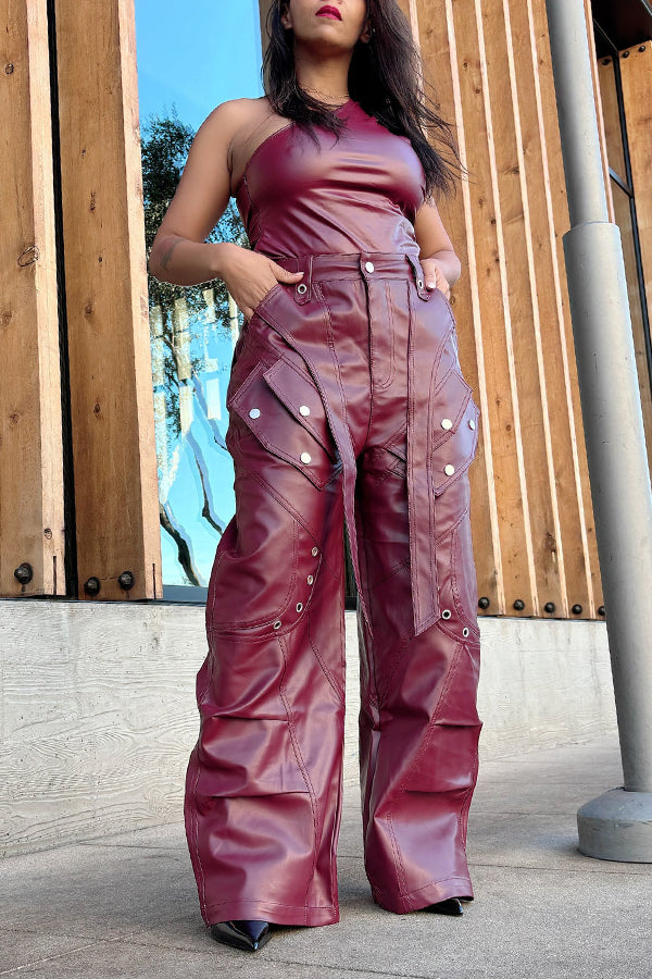 Cool Eyelet Patchwork PU Wide Leg Cargo Pants