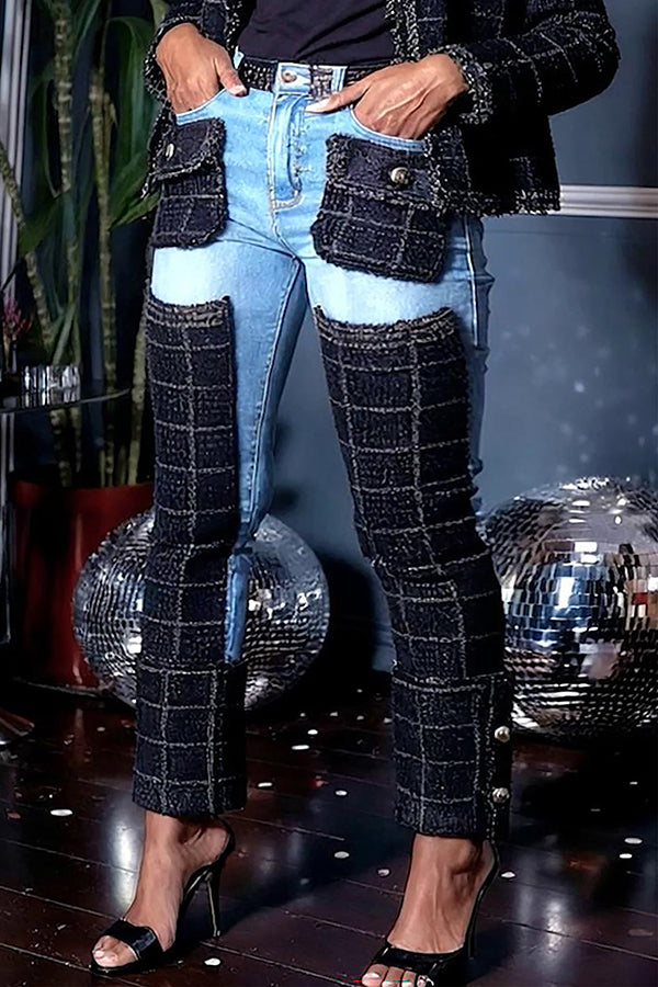Stylish Flap Pocket Denim Splicing Pants