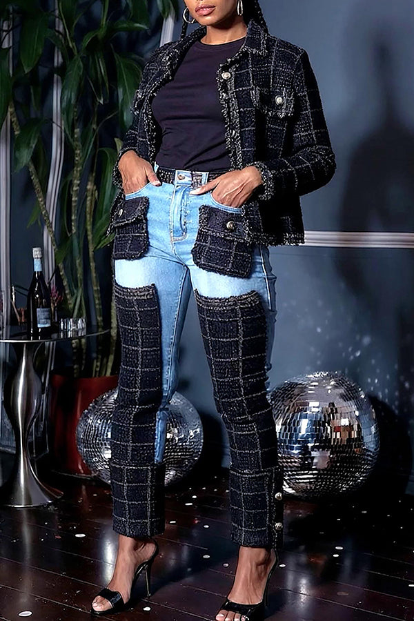Stylish Flap Pocket Denim Splicing Pants
