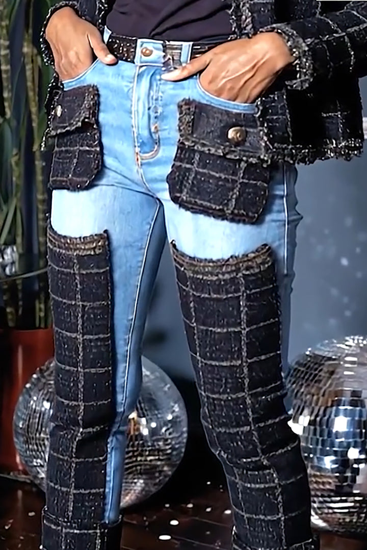 Stylish Flap Pocket Denim Splicing Pants