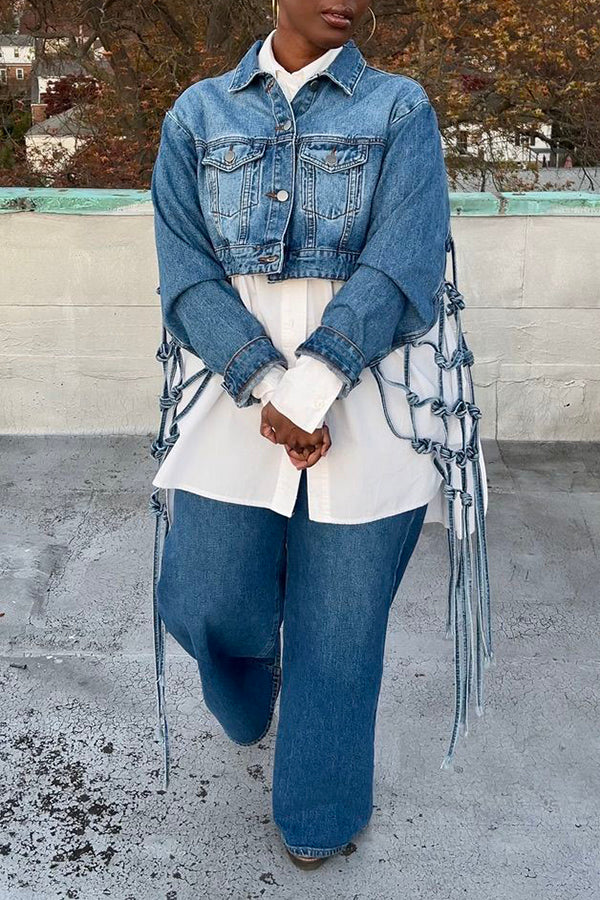 Stylish Flap Pocket Denim Cropped Jacket