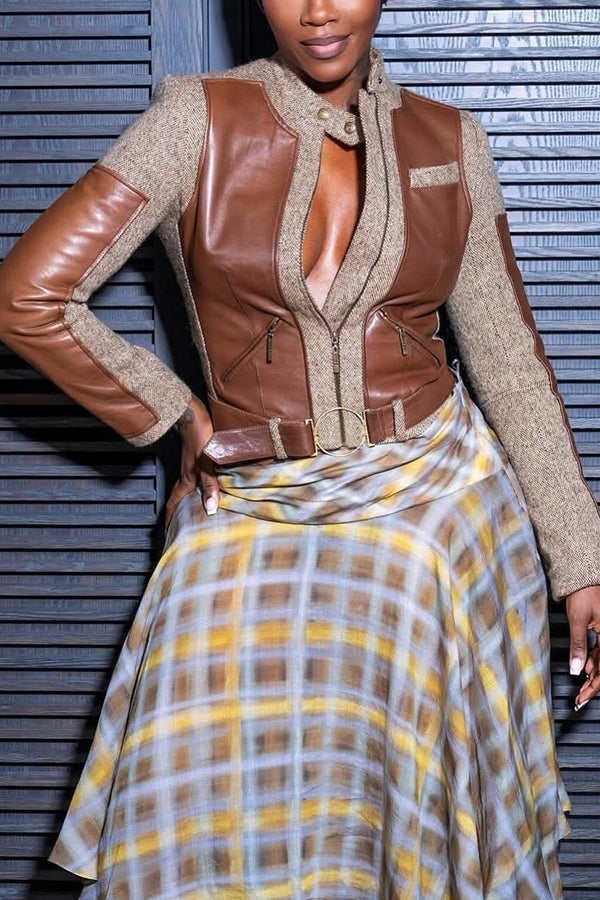 Stylish PU Leather Splicing Cropped Jacket
