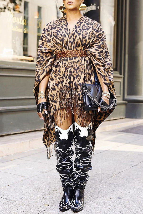 Stylish Fringe Trim Leopard Print Dress