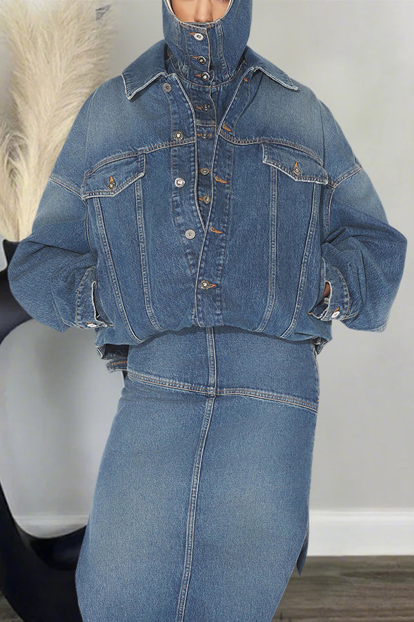 Cool Double Layered Washed Denim Hooded Jacket