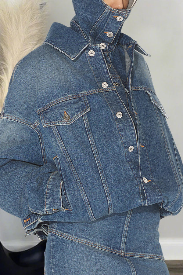 Cool Double Layered Washed Denim Hooded Jacket