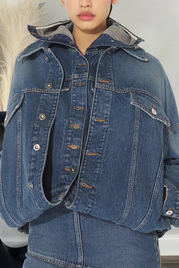 Cool Double Layered Washed Denim Hooded Jacket