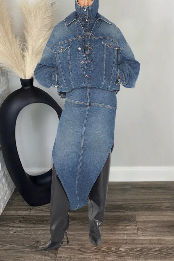 Cool Double Layered Washed Denim Hooded Jacket
