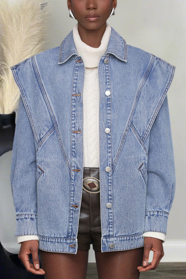 Oversized Single Breasted Patchwork Shoulder Denim Jacket