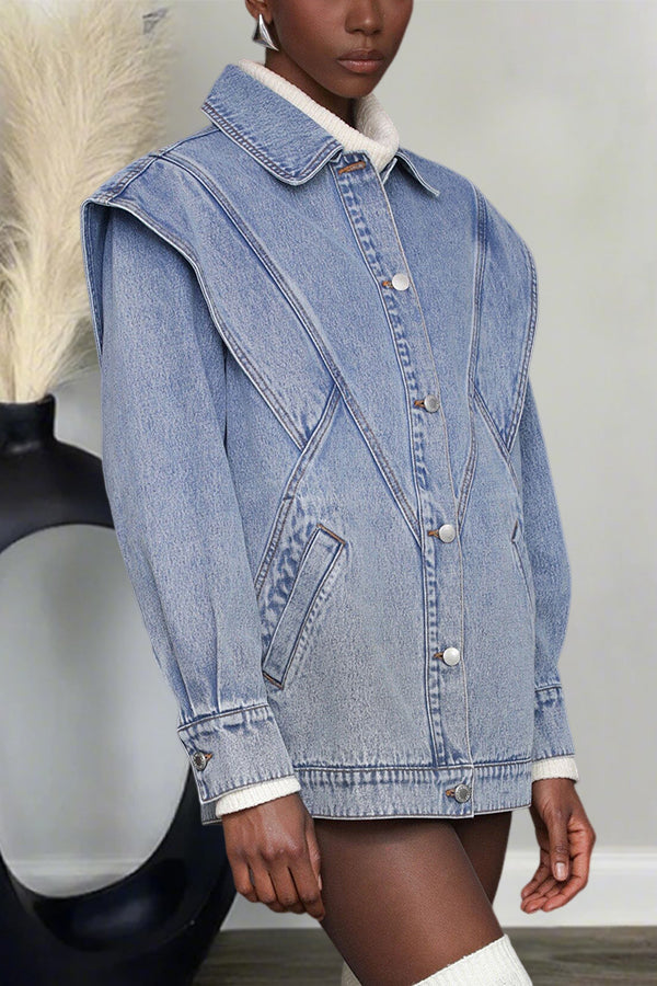 Oversized Single Breasted Patchwork Shoulder Denim Jacket