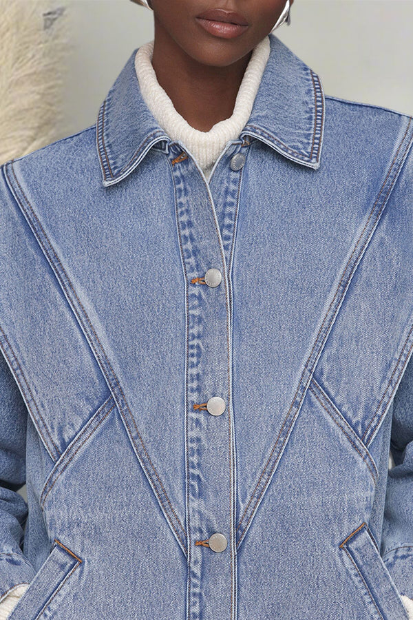Oversized Single Breasted Patchwork Shoulder Denim Jacket