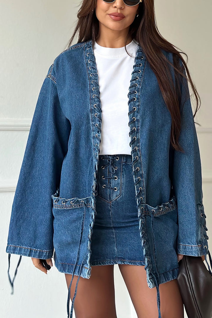 Stylish Double Pocket Eyelet Lacing Denim Jacket