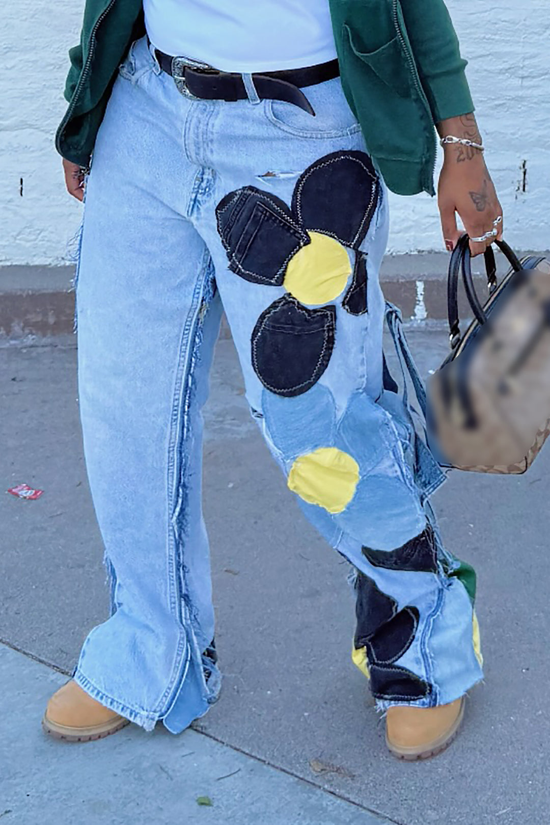 Cool Color Block Floral Patchwork Wide Leg Jeans