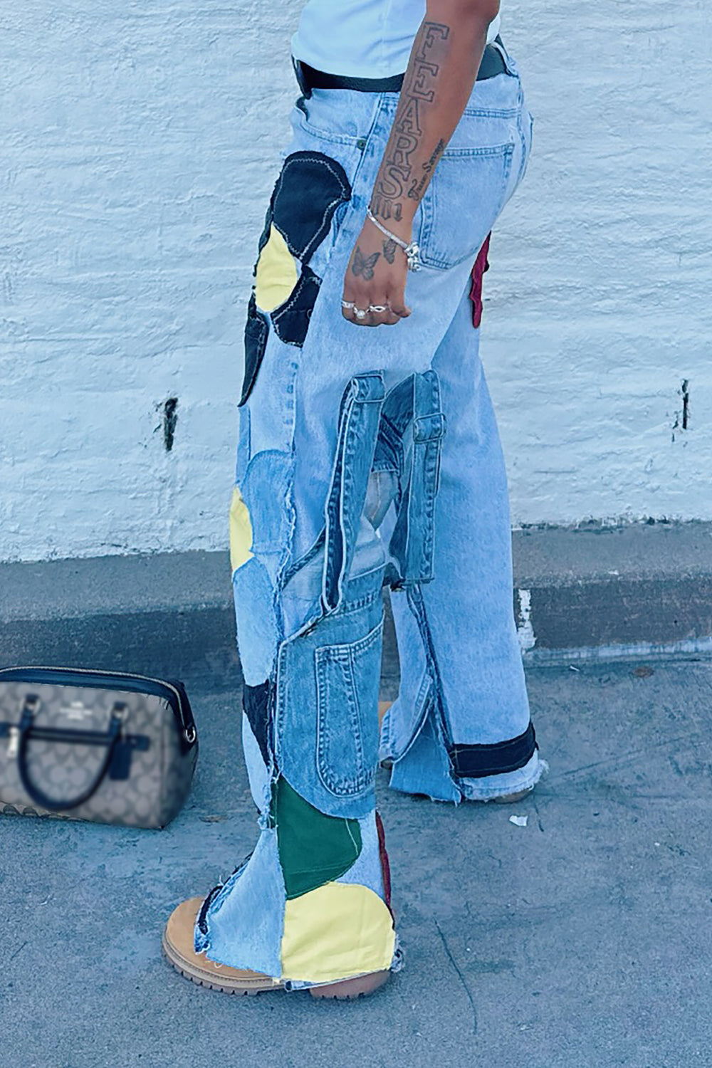 Cool Color Block Floral Patchwork Wide Leg Jeans