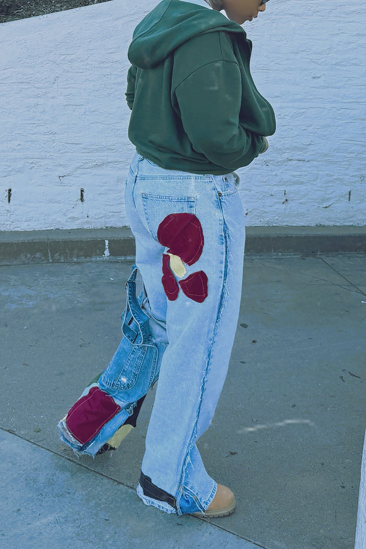 Cool Color Block Floral Patchwork Wide Leg Jeans