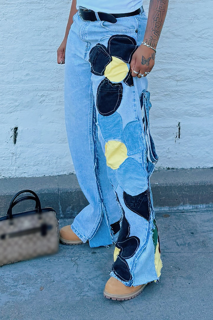 Cool Color Block Floral Patchwork Wide Leg Jeans