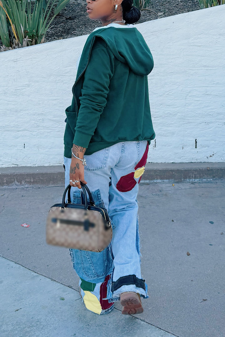Cool Color Block Floral Patchwork Wide Leg Jeans