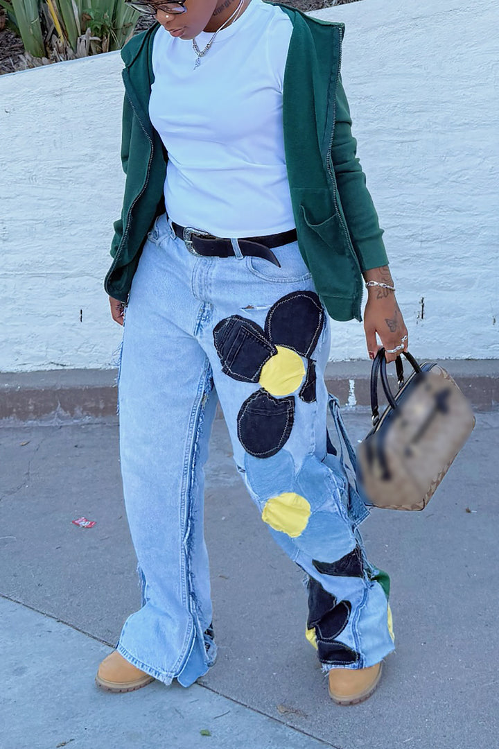 Cool Color Block Floral Patchwork Wide Leg Jeans