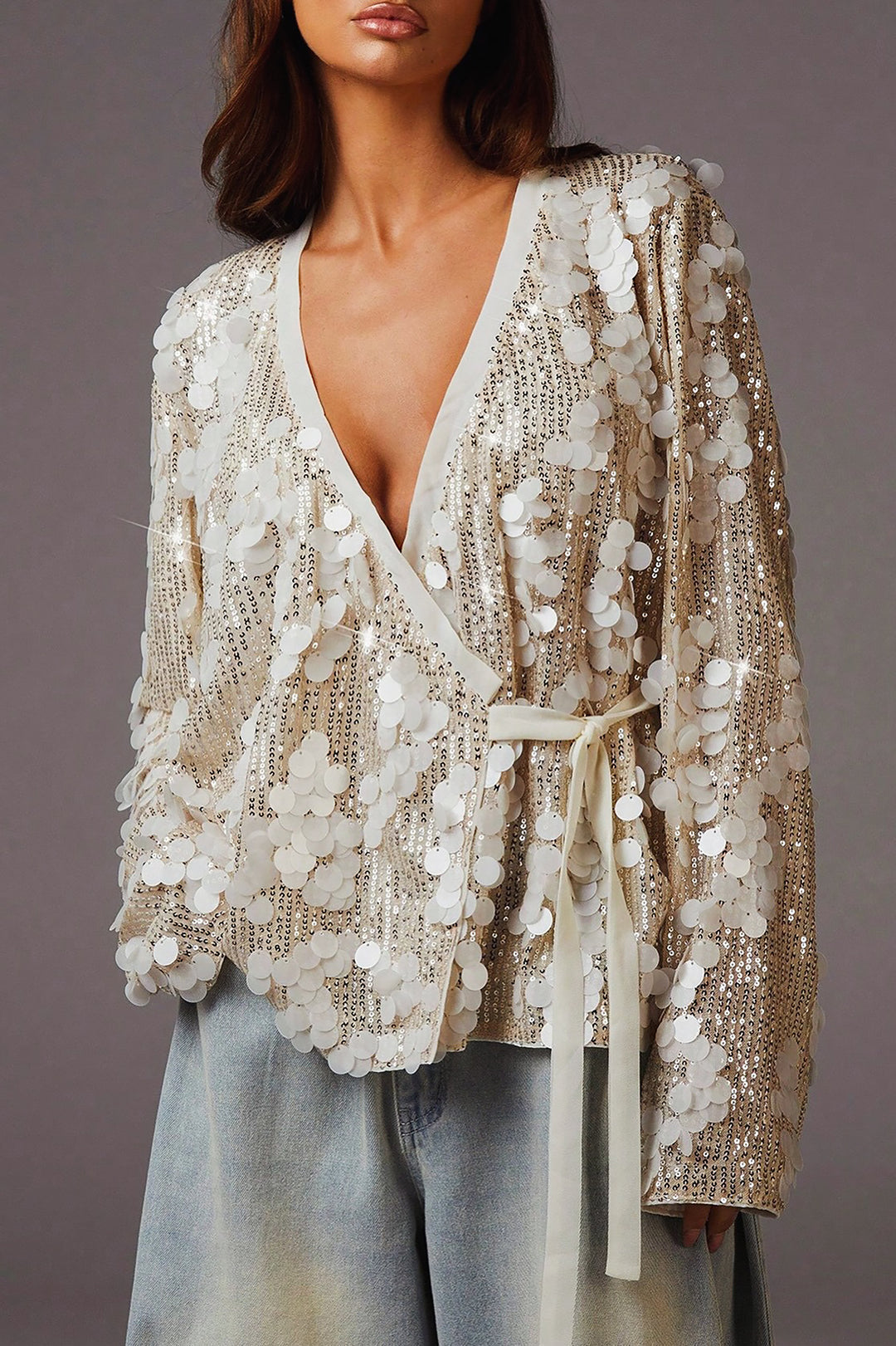 Luxurious Deep V-neck Sequined Tied Top