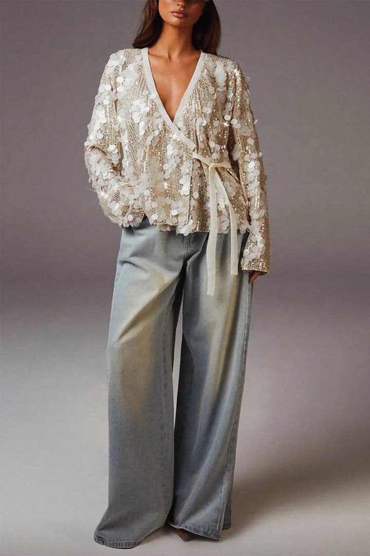 Luxurious Deep V-neck Sequined Tied Top