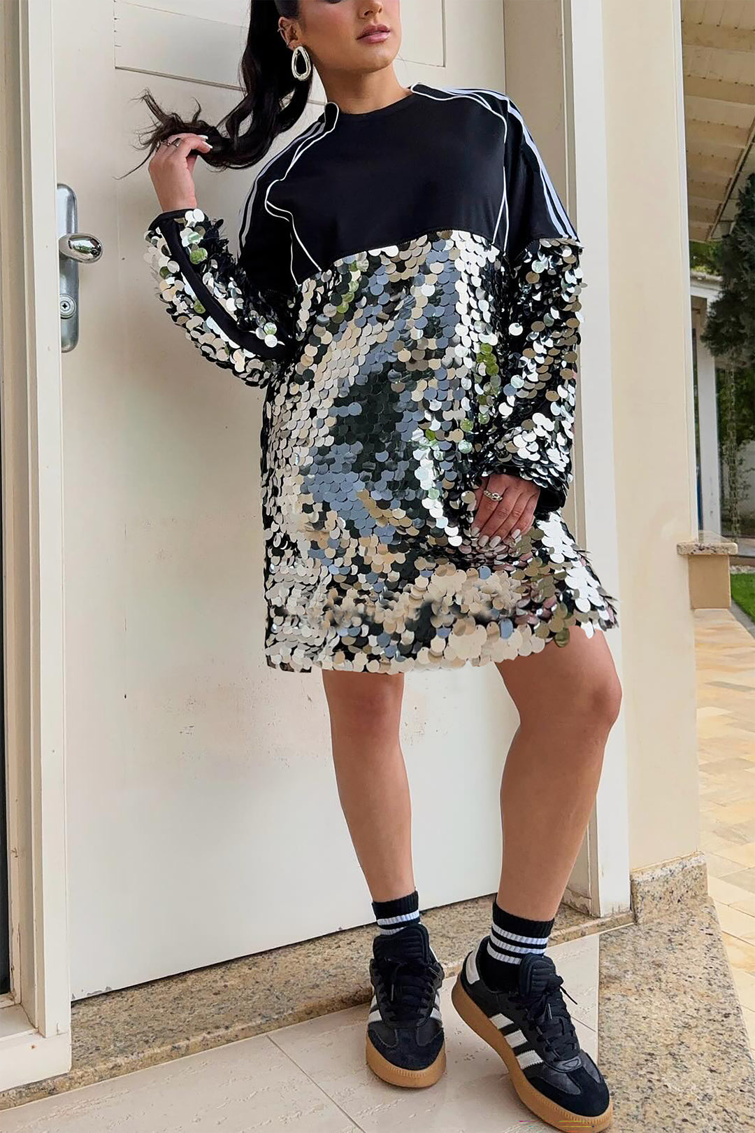 Stylish Striped Sequined Patchwork Mini Dress