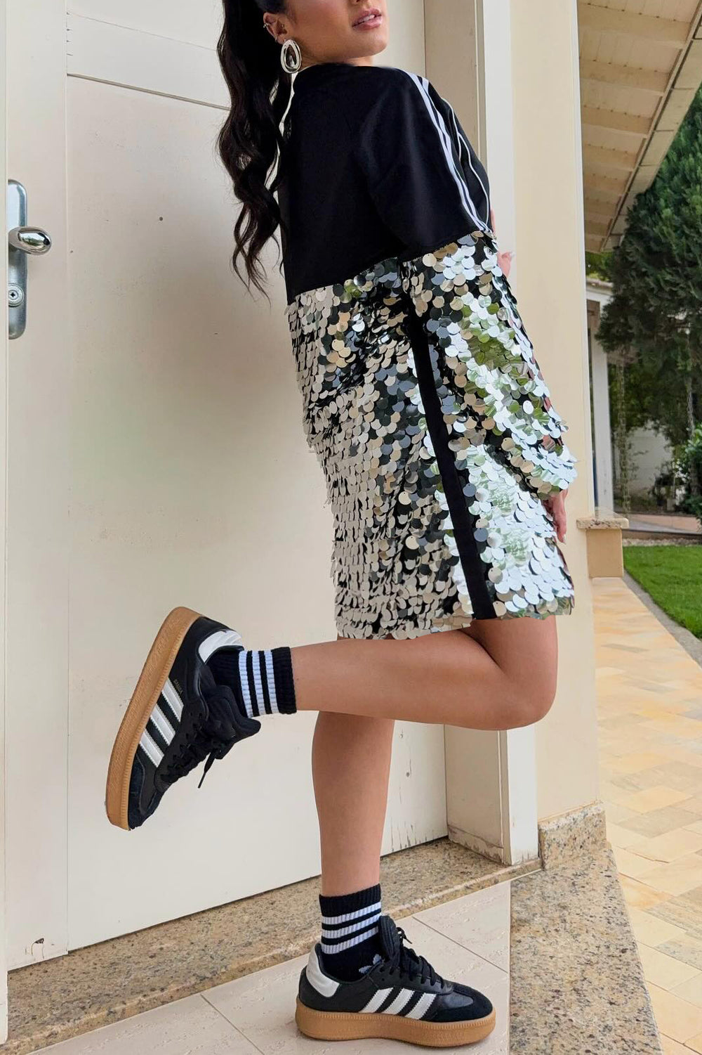 Stylish Striped Sequined Patchwork Mini Dress