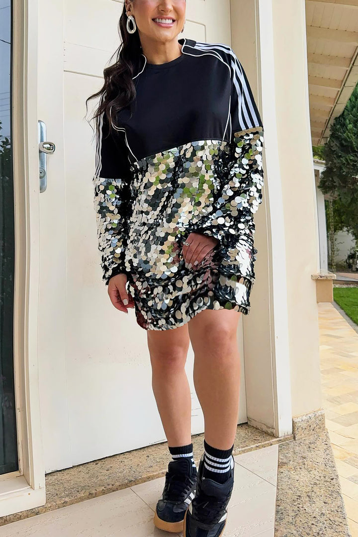 Stylish Striped Sequined Patchwork Mini Dress