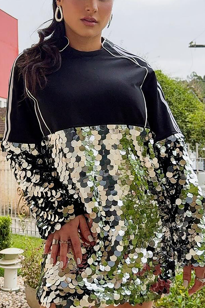 Stylish Striped Sequined Patchwork Mini Dress