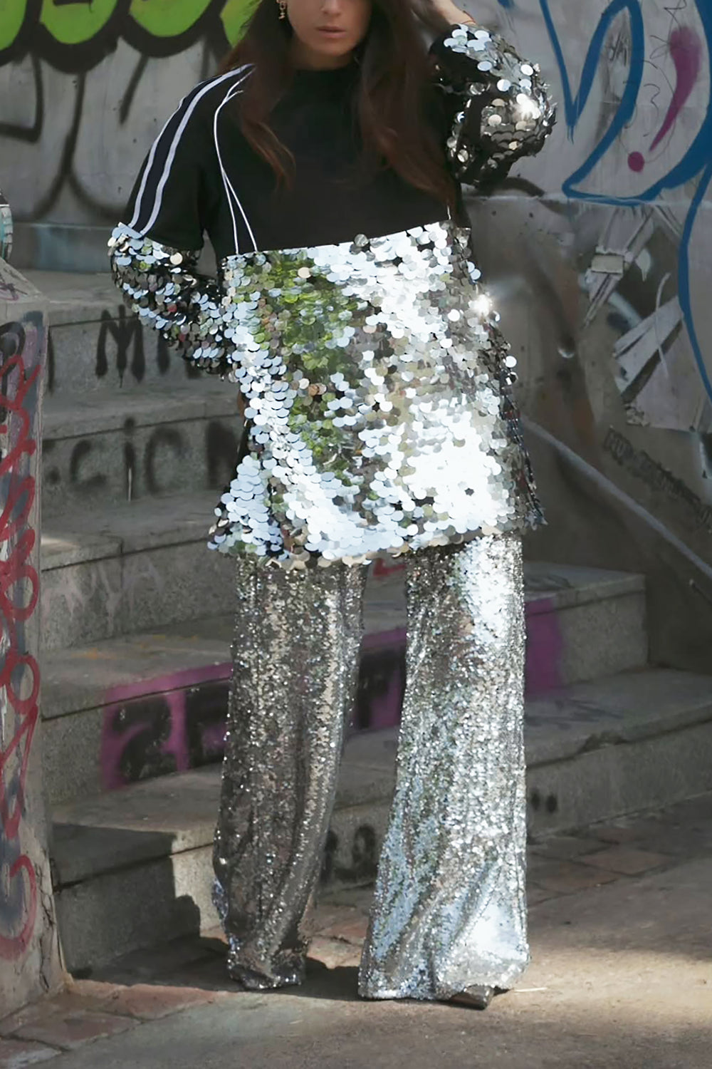 Stylish Striped Sequined Top & Wide Leg Pants Set
