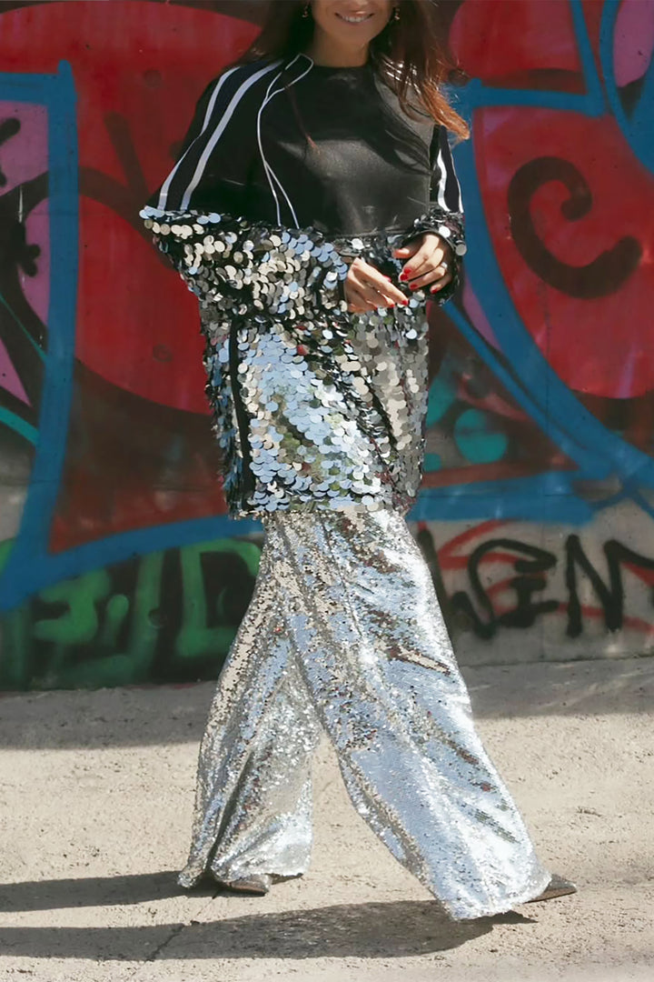 Stylish Striped Sequined Top & Wide Leg Pants Set