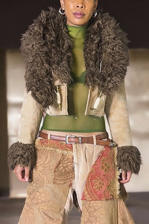 Retro Button Fur Patchwork Short Coat