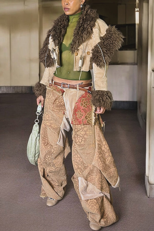 Retro Button Fur Patchwork Short Coat