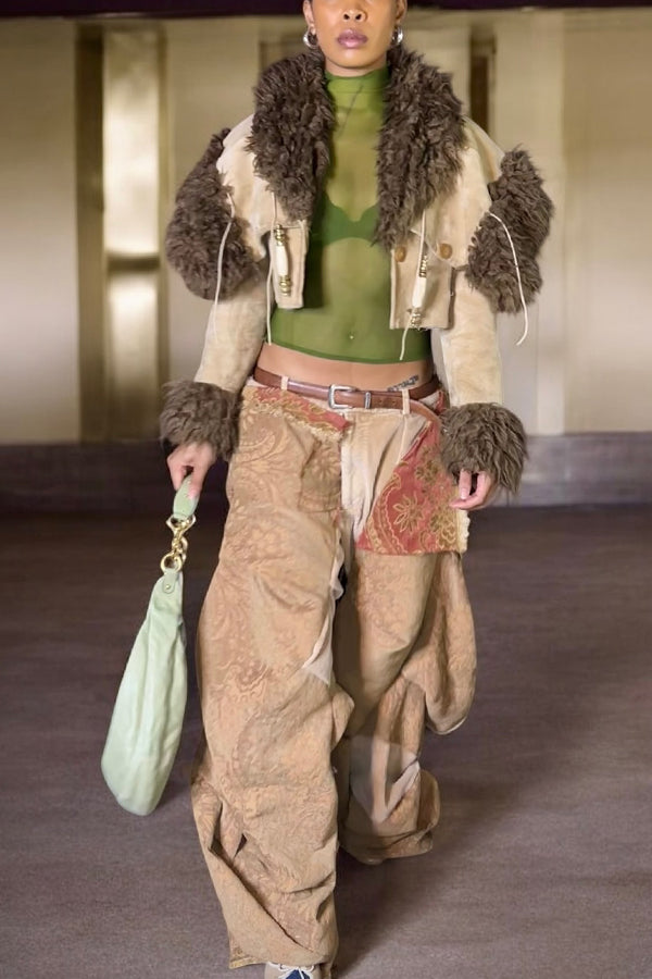 Retro Button Fur Patchwork Short Coat
