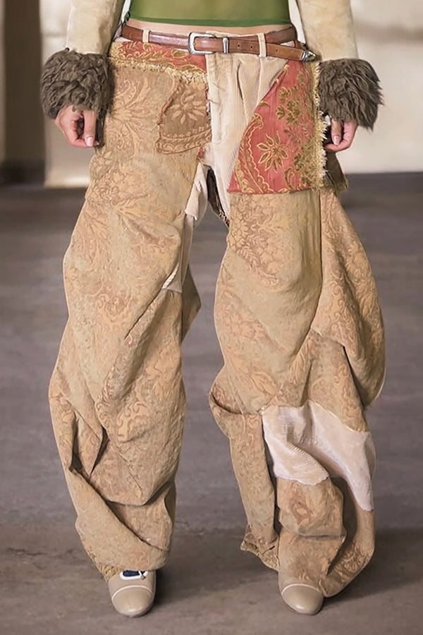 Retro Printed Patchwork Low Waist Wide Leg Pants