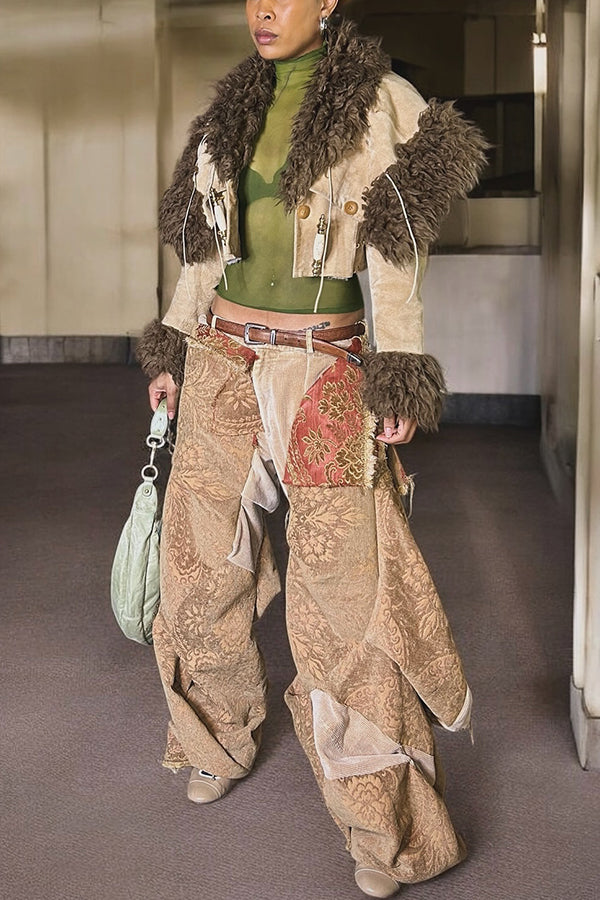 Retro Printed Patchwork Low Waist Wide Leg Pants