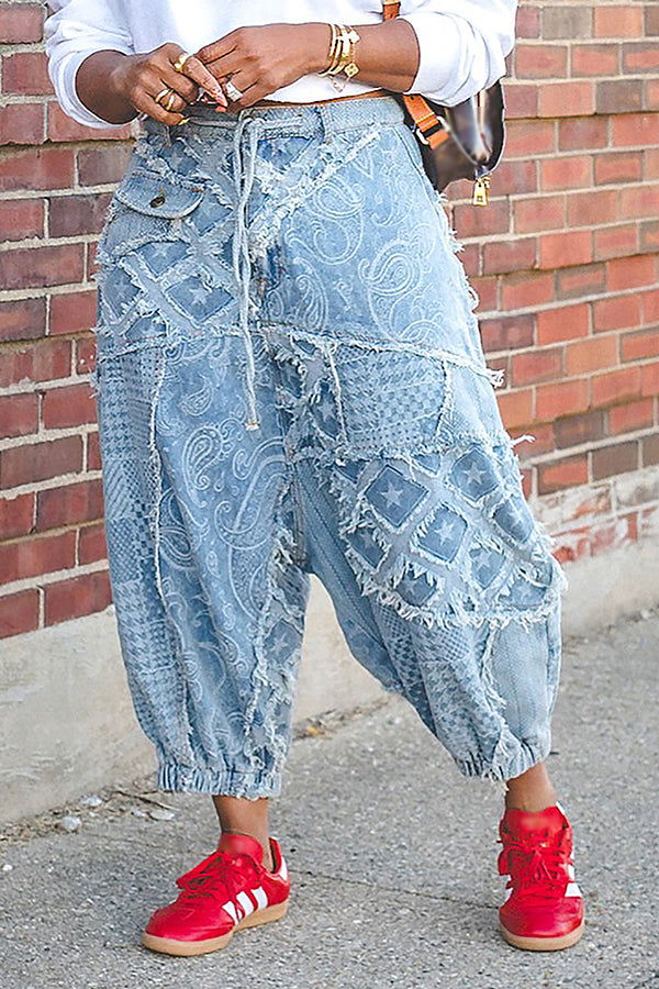 Baggy Drawstring Waist Raw Hem Harem Jeans