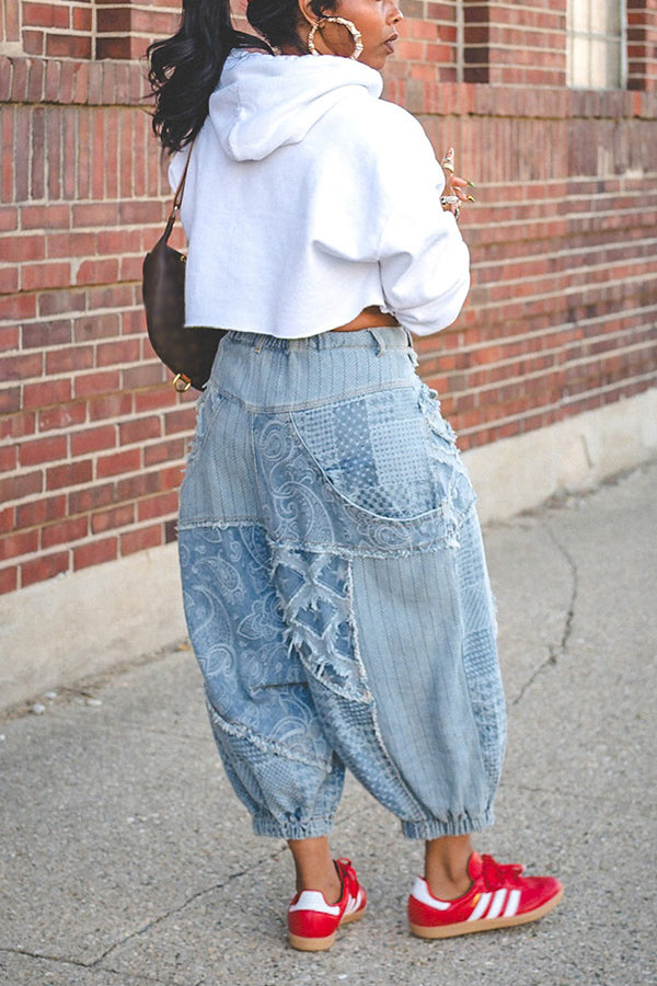 Baggy Drawstring Waist Raw Hem Harem Jeans