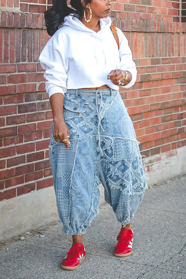 Baggy Drawstring Waist Raw Hem Harem Jeans