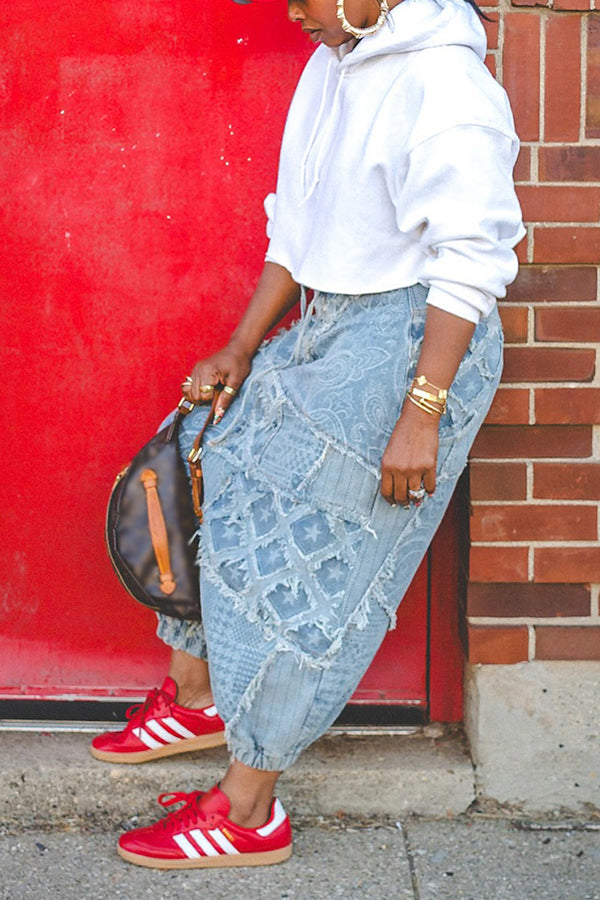 Baggy Drawstring Waist Raw Hem Harem Jeans