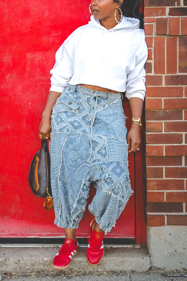 Baggy Drawstring Waist Raw Hem Harem Jeans