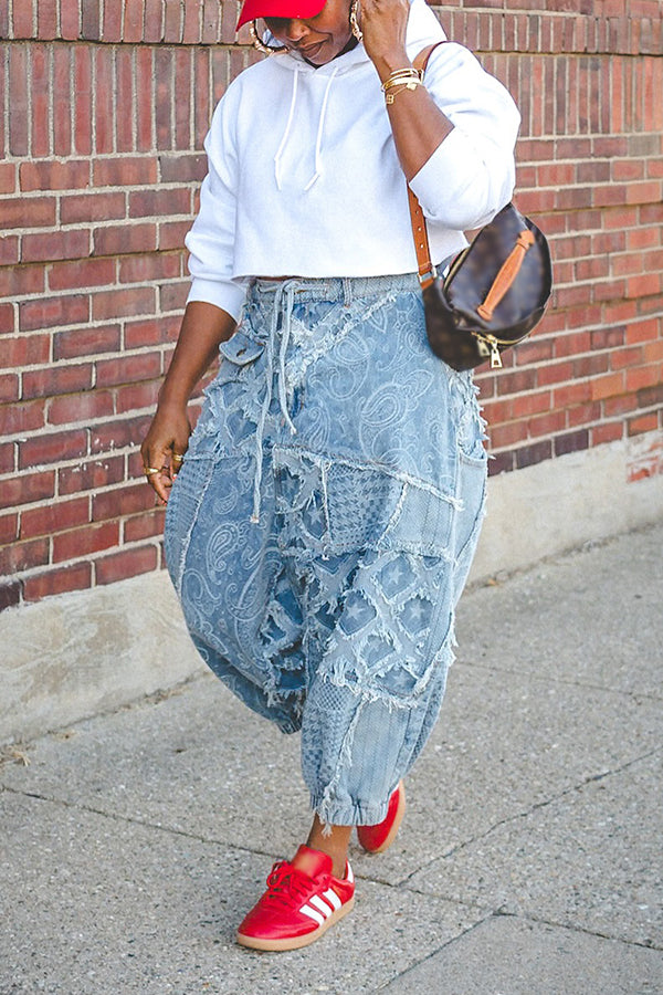 Baggy Drawstring Waist Raw Hem Harem Jeans