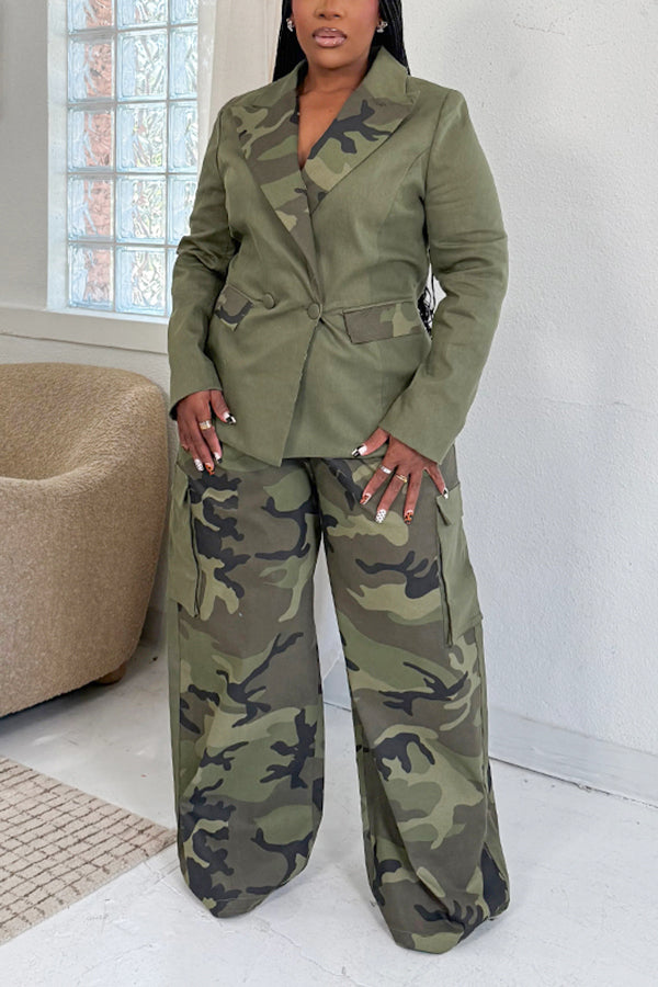 Relaxed Camouflage Blazer & Wide Leg Pants Set