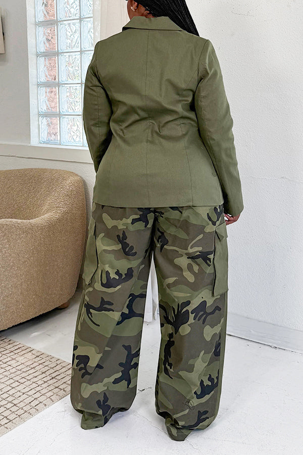 Relaxed Camouflage Blazer & Wide Leg Pants Set