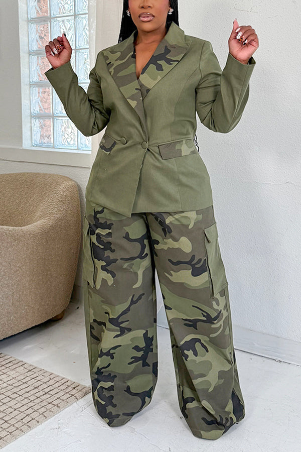 Relaxed Camouflage Blazer & Wide Leg Pants Set