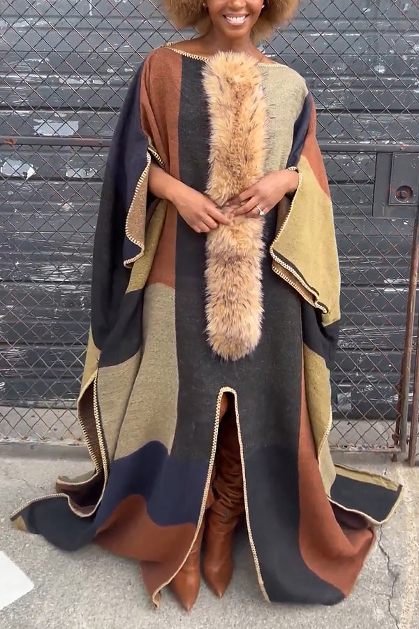 Wild Contrasting Trim Fur Patchwork Cape